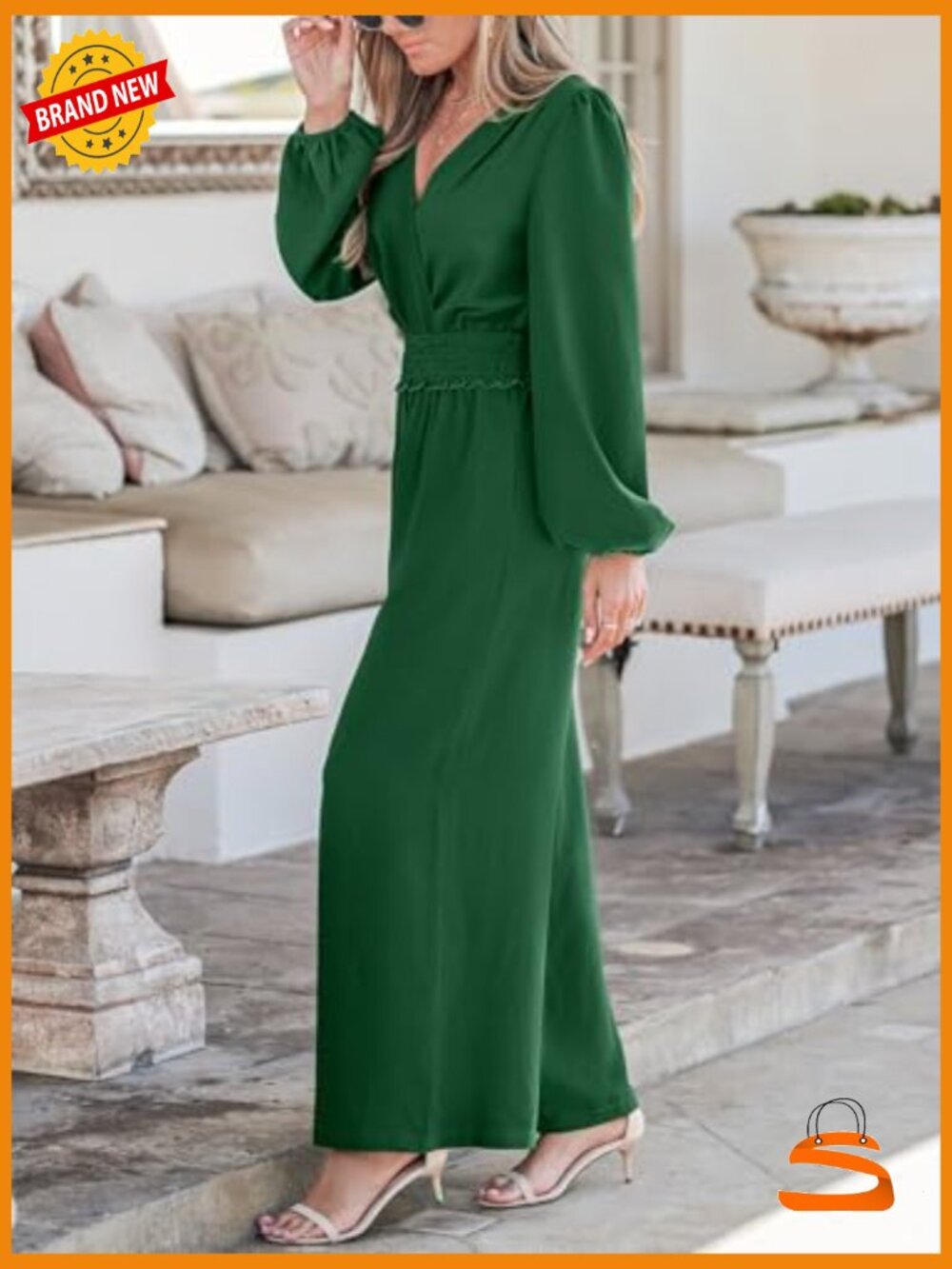Long Sleeve Jumpsuit Dressy Smocked Waist V Neck Wide Leg Flowy One Piece - Picture 3 of 7